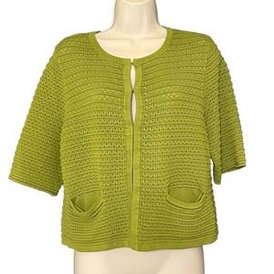 Chicos Cropped Sweater Sz Med Cardigan‎ Green Knit Short Sleeve Career Office